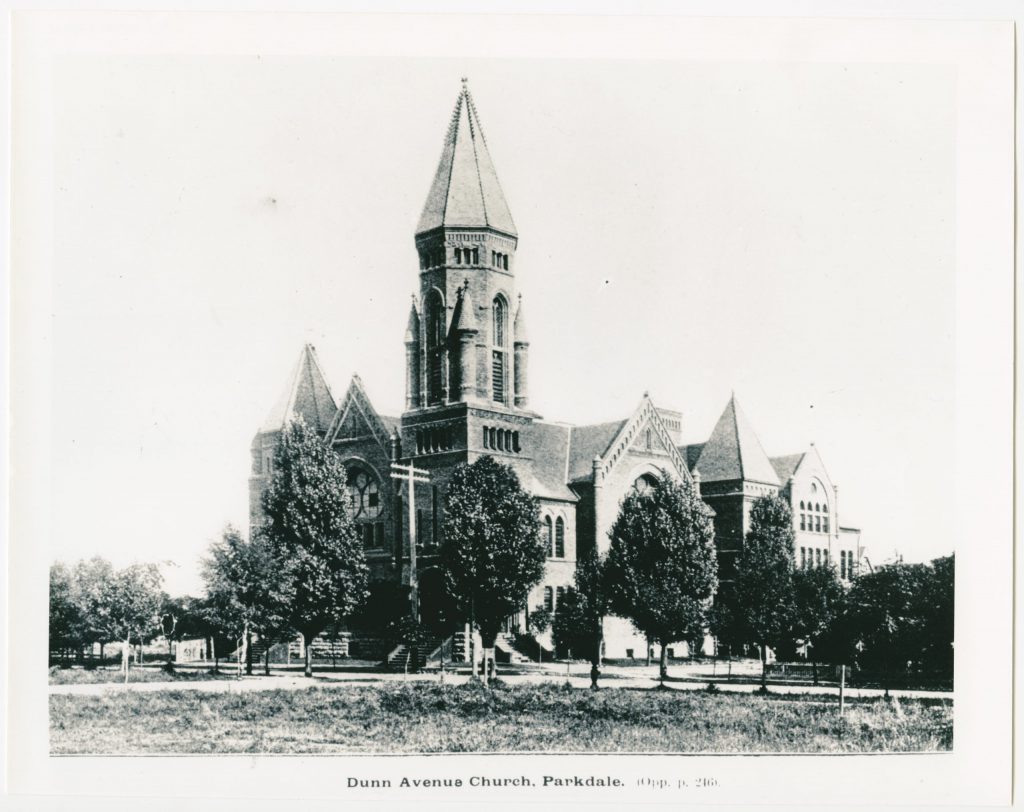 Outside of a Dunn Avenue Church, Parkdale surrounded by trees