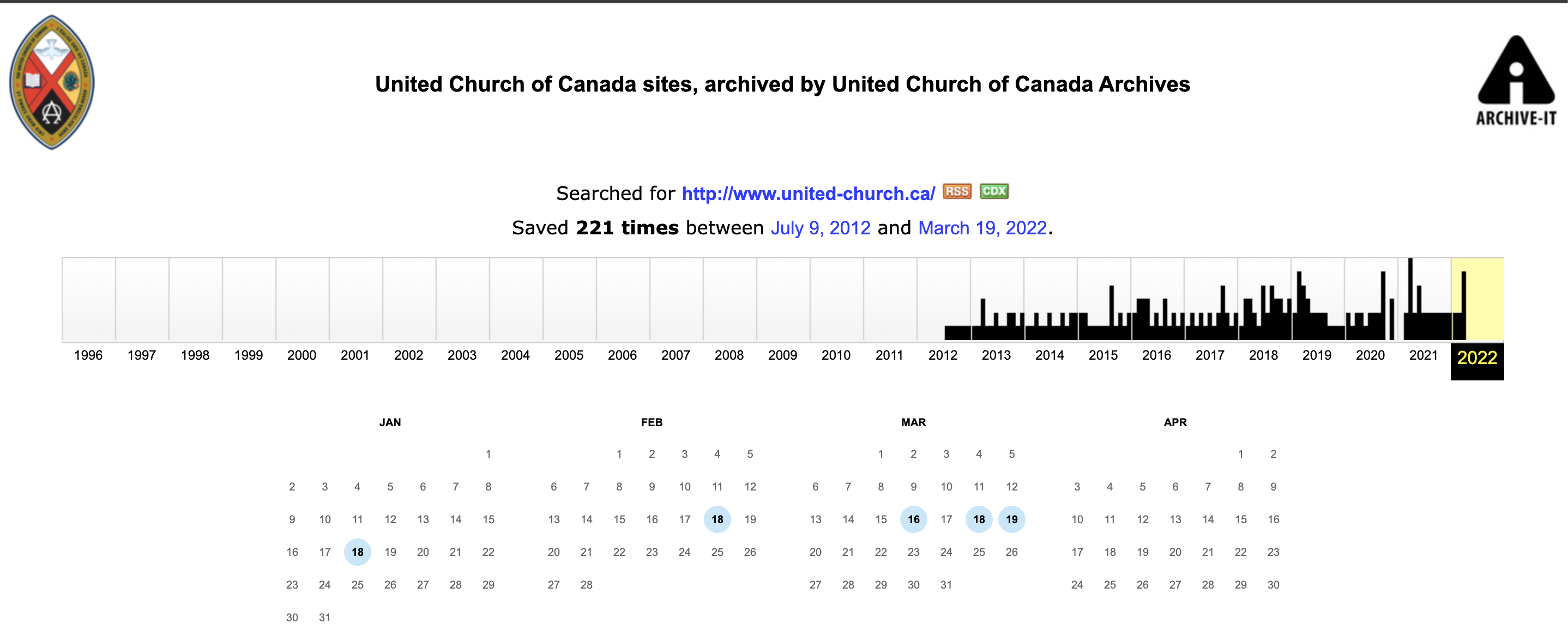 Bar graph of the top with capture dates for websites. Underneath a calendar of dates.