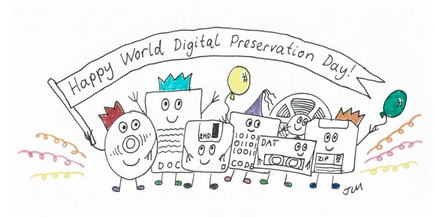 Banner that says Happy World Digital Preservation Day being held by obsolete media, including floppies, doc files, optical disks and cassettes.
