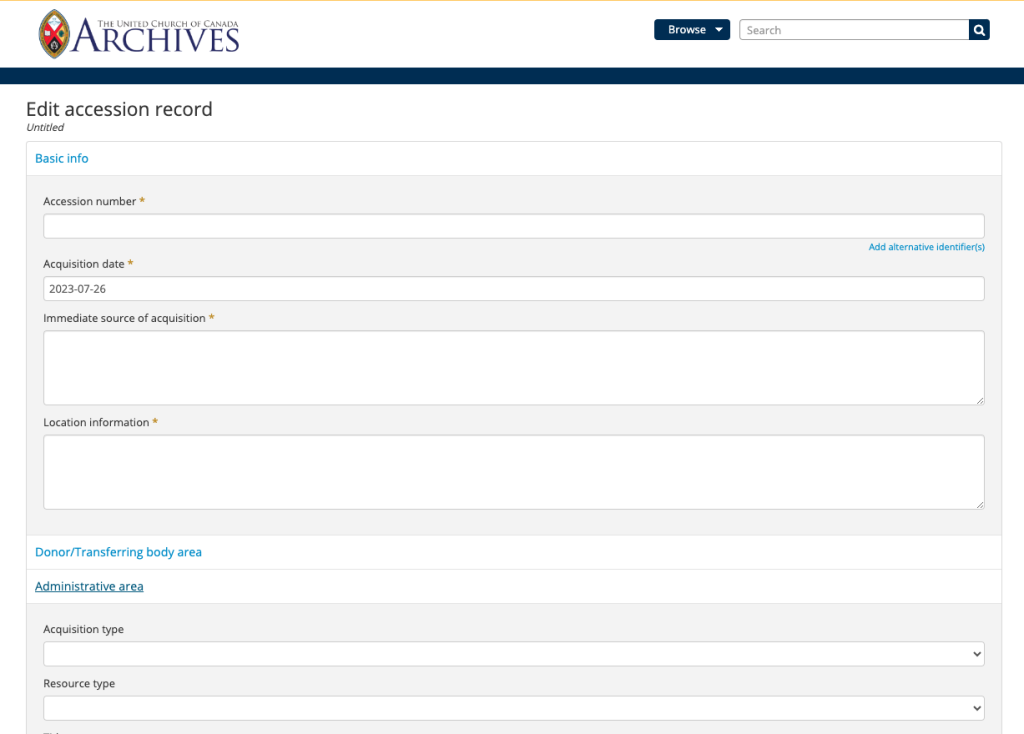 The Archives accession database with different fields showing including: accession number, acquisition date, immediate source of acquisition, location information.