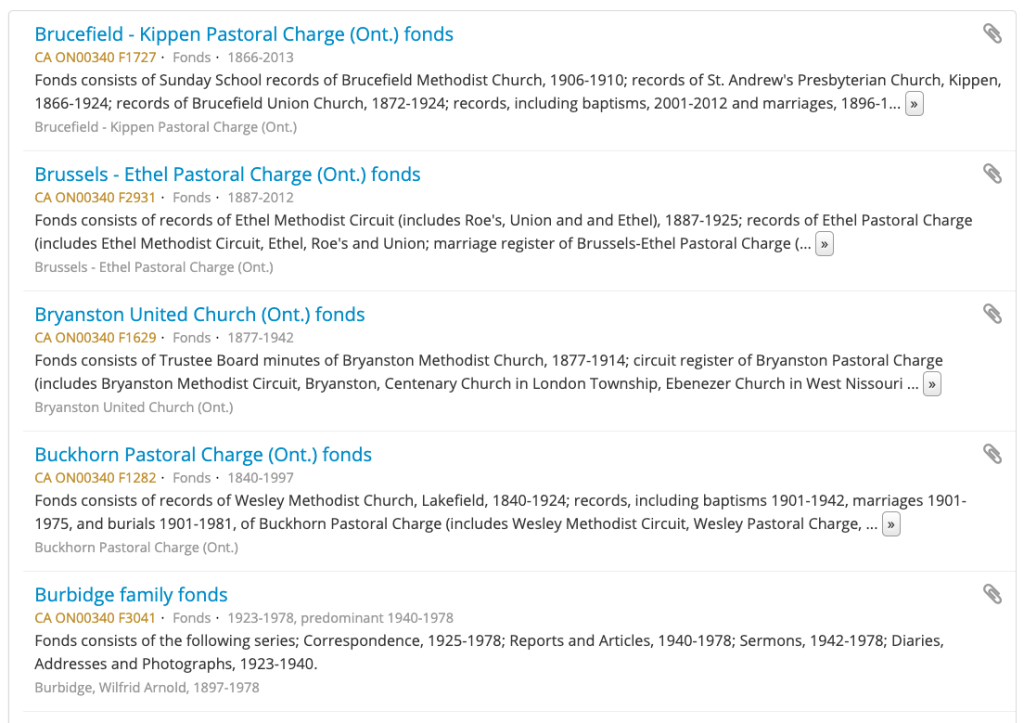 Search results in the Archives catalogue showing different fonds.