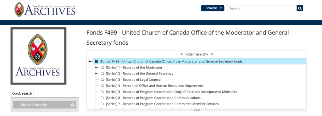 Catalogue entry for the Office of the Moderator and General Secretary fonds with series listed beneath: Series 1 - Records of the Moderator, Series 2 - Records of the General Secretary, Series 3 - Records of Legal Counsel, Series 4 - Personnel Office and Human Resources Department, Series 5 - Records of Program Coordinator, Duty of Card and Incorporated Ministries, Series 6 - Records of Program Coordinator, Communications, Series 7 - Records of Program Coordinator, Committee Members Services.