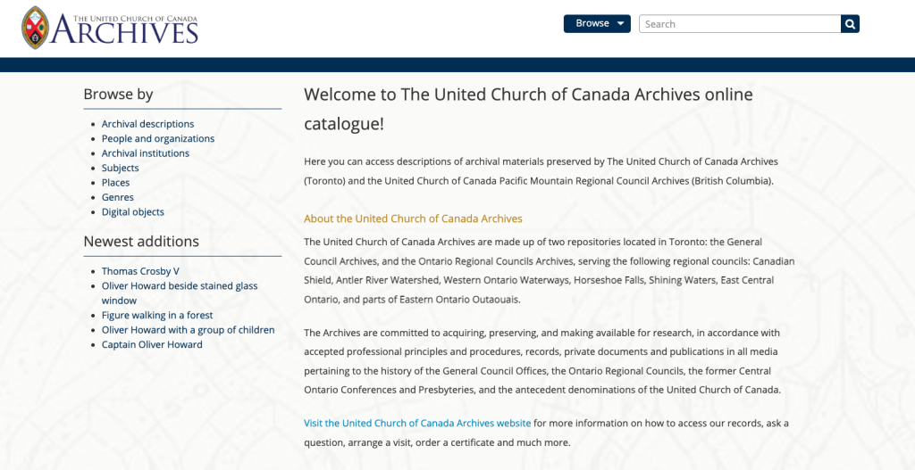 Main landing page of The United Church of Canada Archives catalogue showing options for browsing, newest additions, searching, and general archives information.